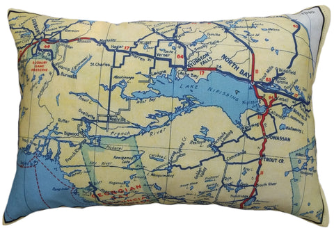 French River/Nipissing Area Vintage Map Pillow