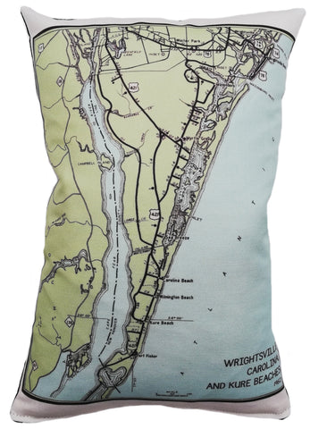 Wrightsville, Carolina, and Kure Beaches Vintage Map Pillow